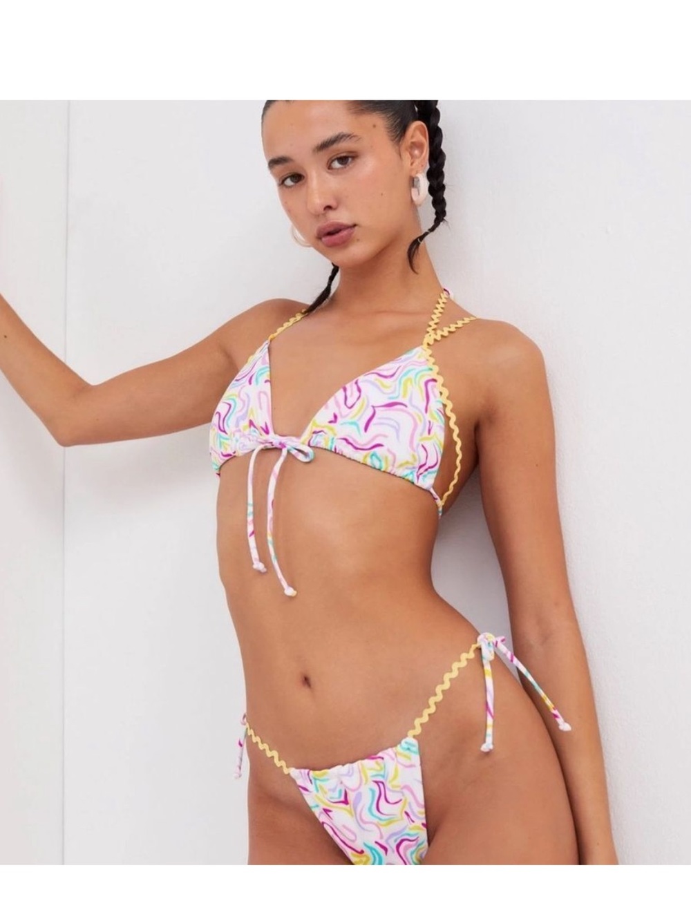 For Love & Lemons White Multicolor Wavy Bikini Set with Ric-Rac Trim M&XL